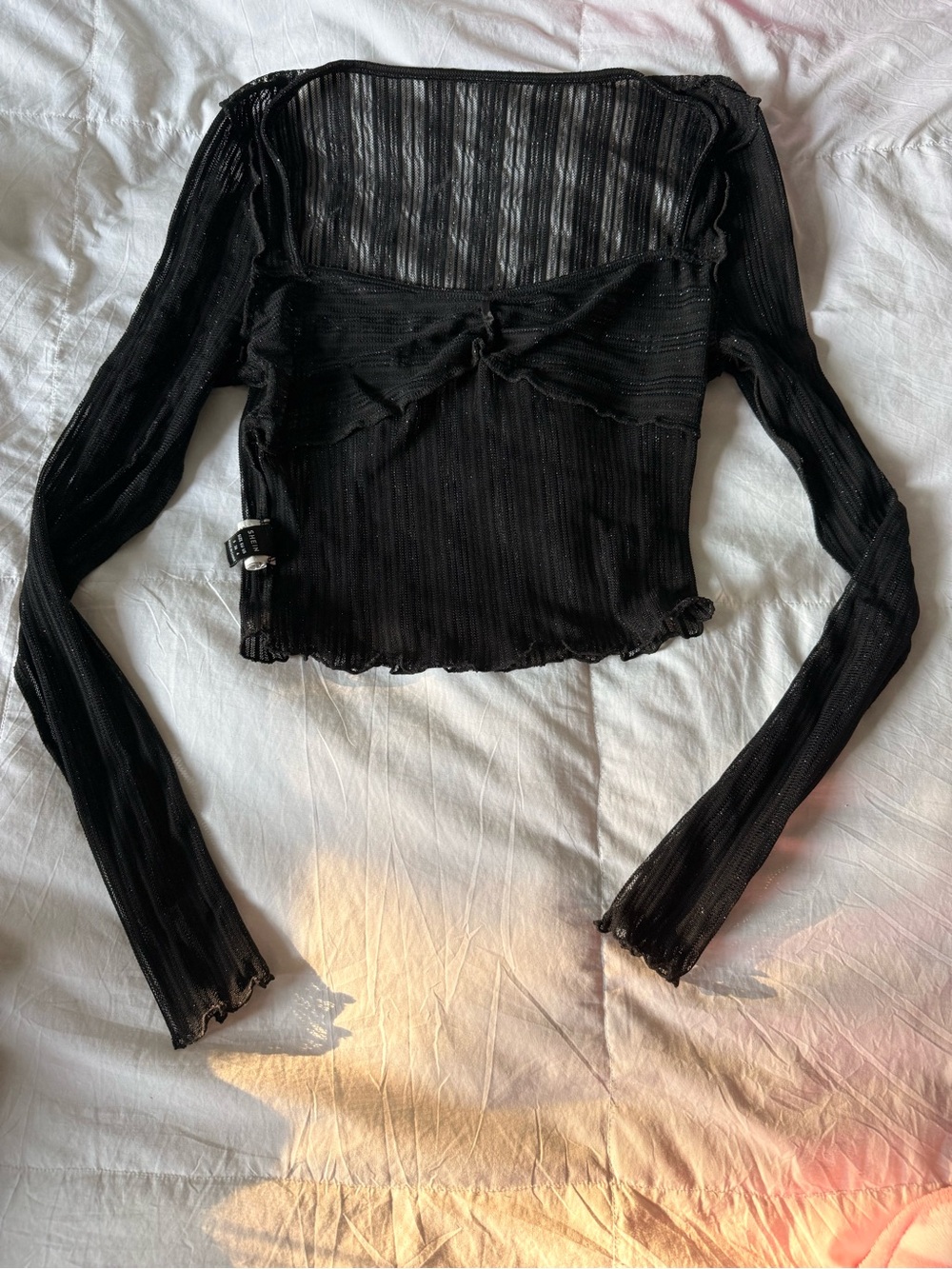 Black Sheer Long-Sleeve Ribbed Crop Top